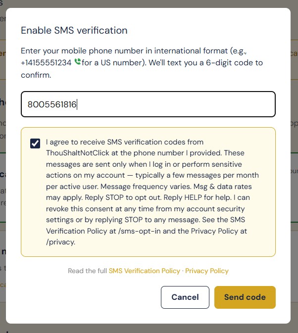 SMS verification modal after the user enters a phone number and ticks the consent checkbox — Send code button now active
